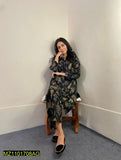 2 Pcs Women,s Stitched Linen Leaf Print Suit